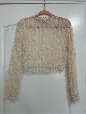 Women's Cream Textured Sheer Long-Sleeve Top
